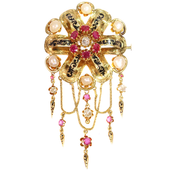 19th Century Gold brooch with fringes, diamonds, pearls, rubies and enamel